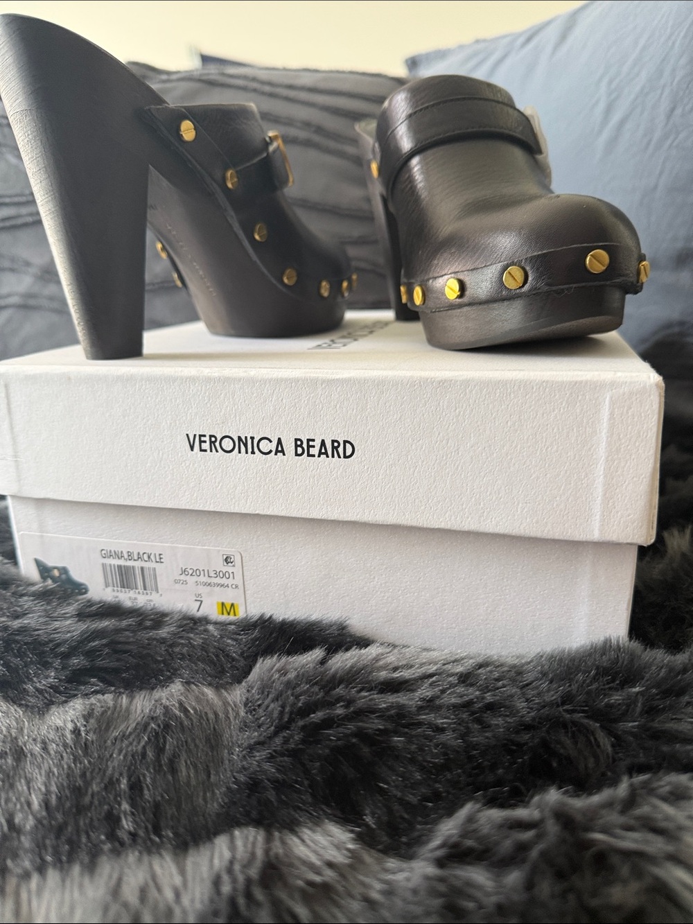 Veronica Beard Black Leather Studded High Heel Clogs with Gold Accents